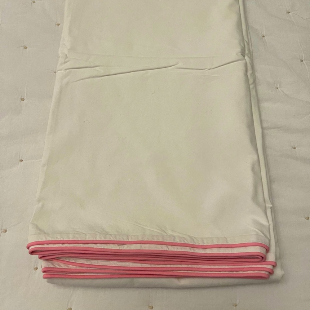 D. Porthault white cotton duvet, cover with pink border and two euro pillowcases